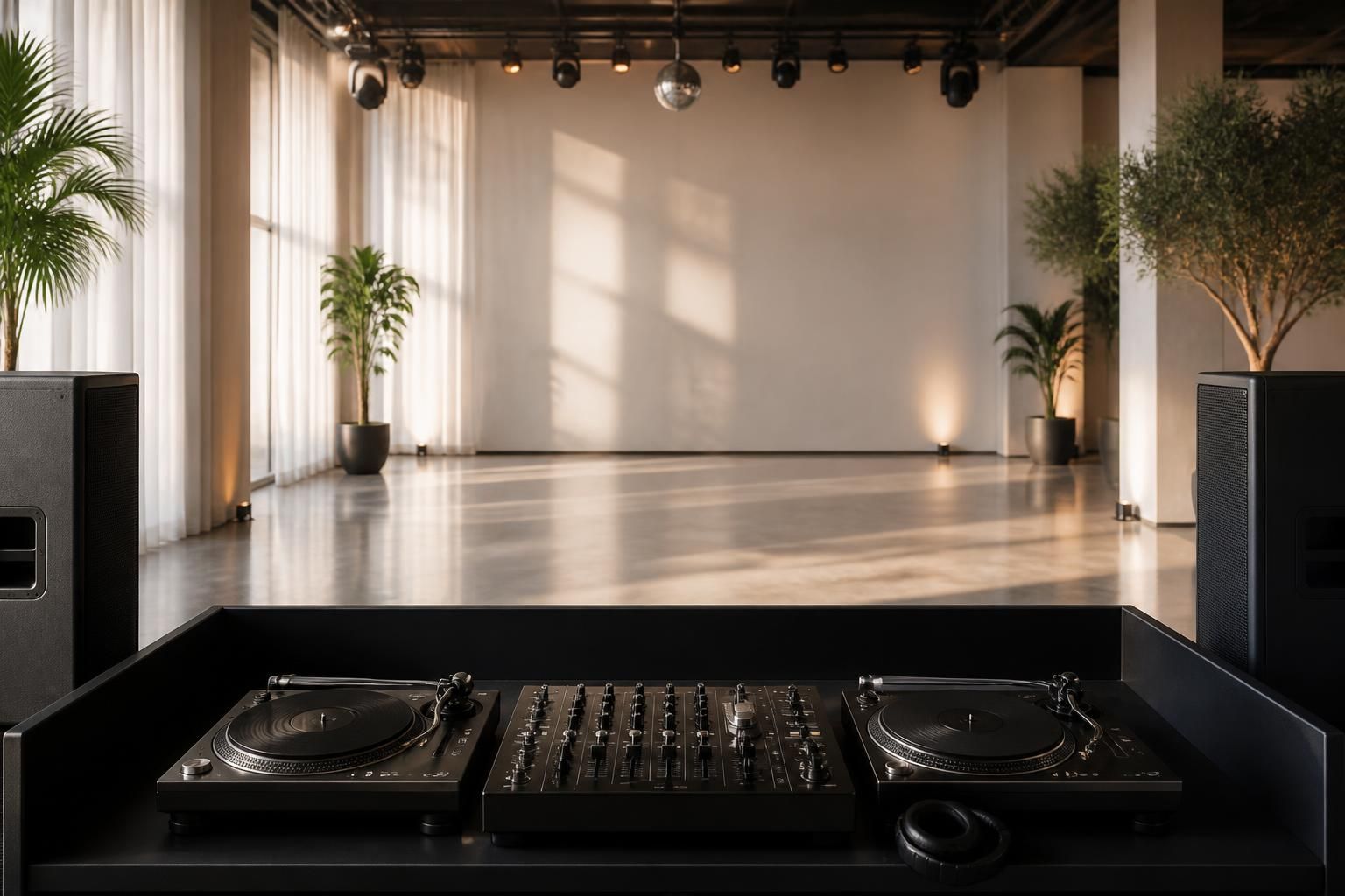 Stage-ready DJ booth in a modern venue with open space.