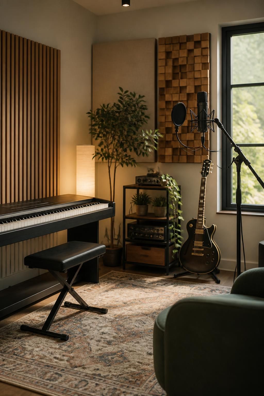 Modern home studio with keyboard and acoustic treatment in soft light.
