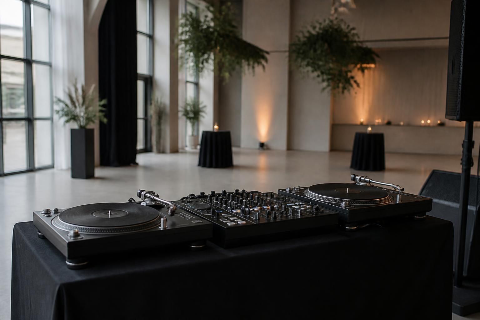 Modern DJ setup in a sleek event space with soft natural lighting.